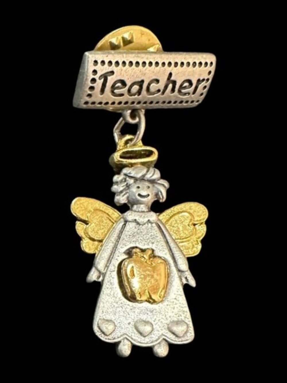 Vintage Teacher Angel Brooch and Little Golden Apple Lapel Pin Set of 2 Pins